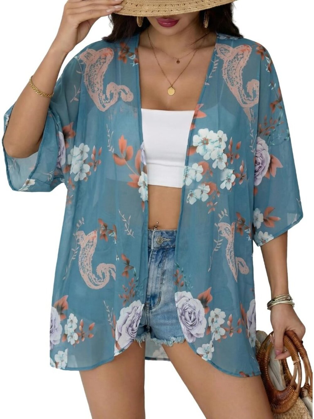 Women's Blue Chiffon Kimono Cardigan Open Front Blouse Swimwear Cover Up